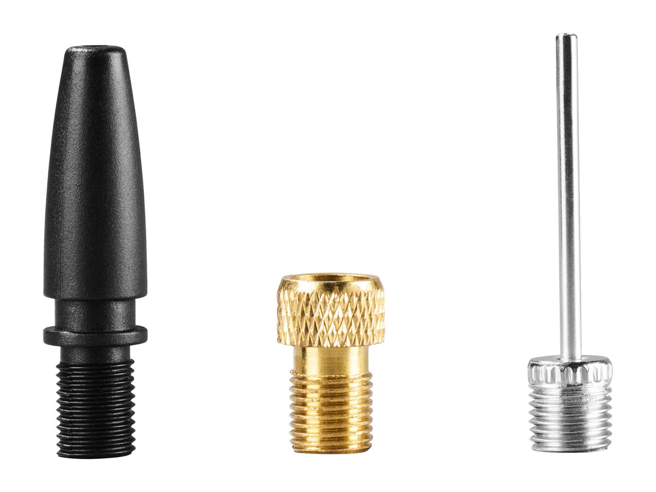 Three different air pump adapter nozzles for inflating balls, tires, and inflatables.