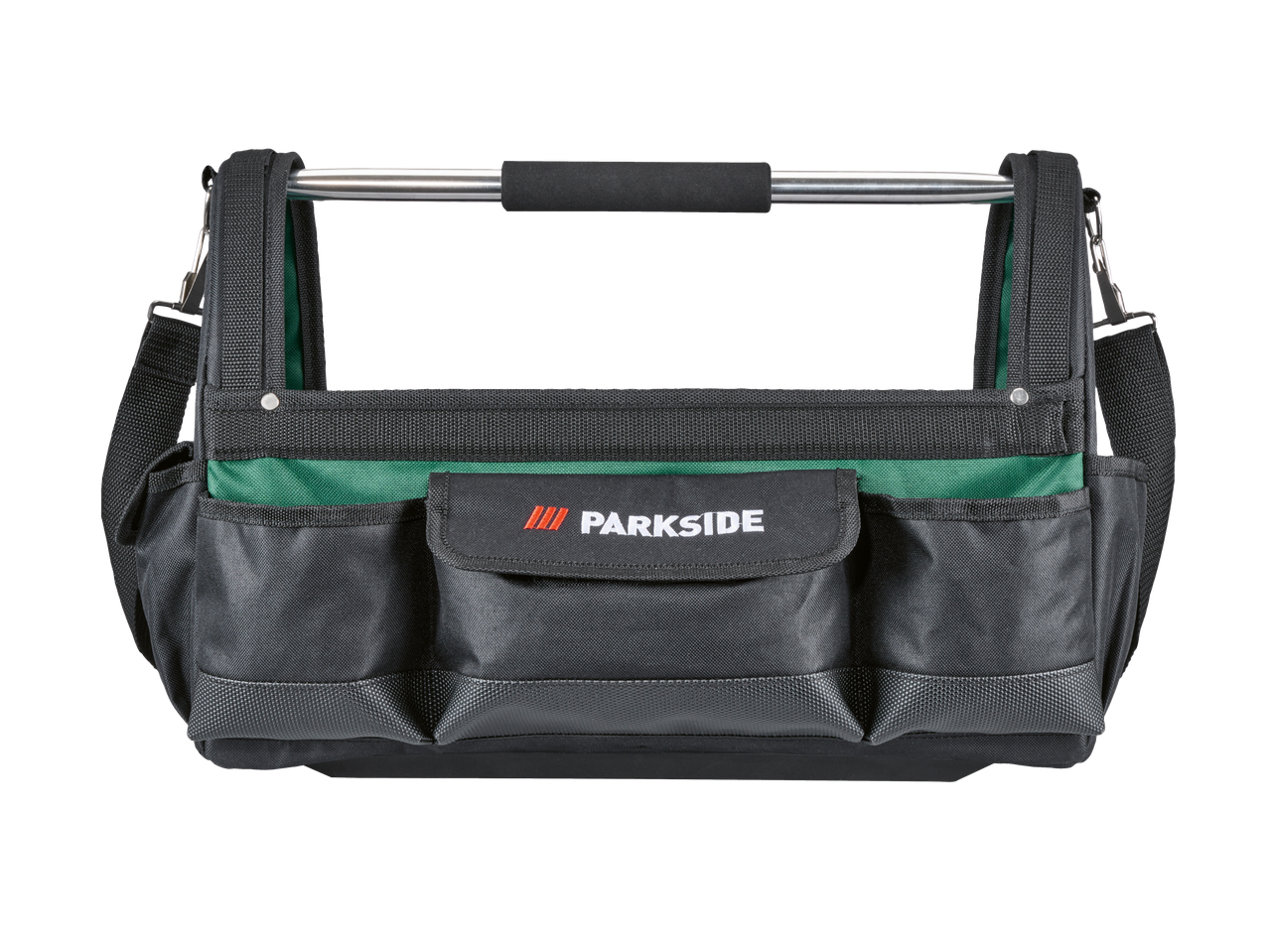 Geantă de scule PARKSIDE neagră și verde cu mâner metalic și curea de umăr.