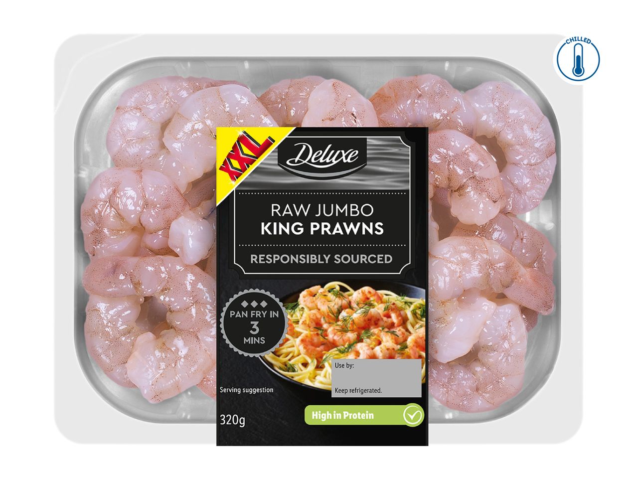 Pack of raw jumbo king prawns with a label indicating they are responsibly sourced and high in protein.