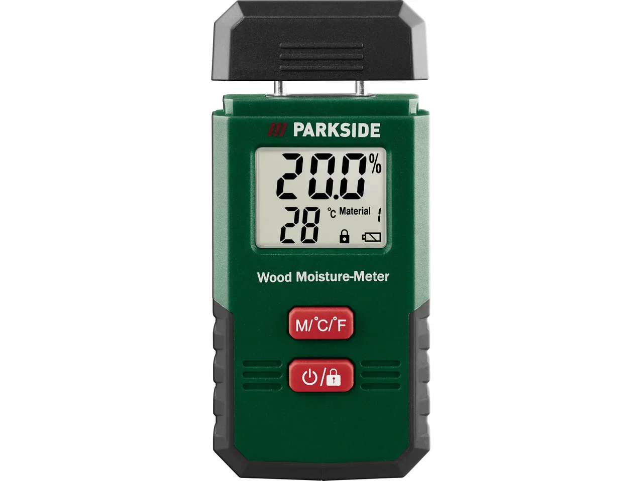 Parkside wood moisture meter displaying 20.0% moisture and 28°C temperature.