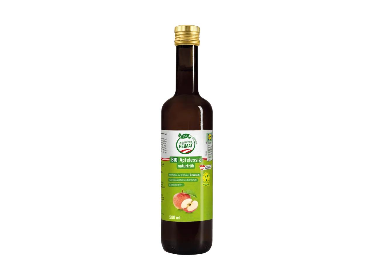 Flasche Bio Apfelessig naturtrüb mit Äpfeln aus Österreich, 500 ml.