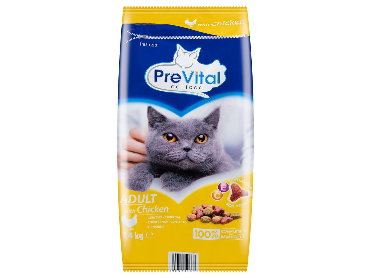 PreVital felnőtt macskáknak csirkével: granulátum és jutalomfalat.