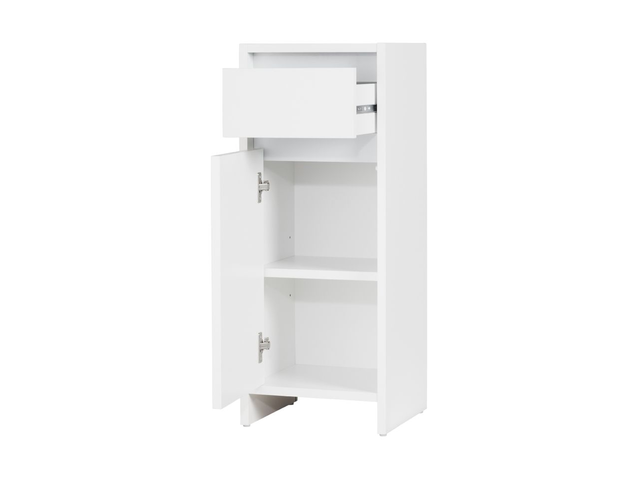 White bathroom cabinet with a door and shelf.