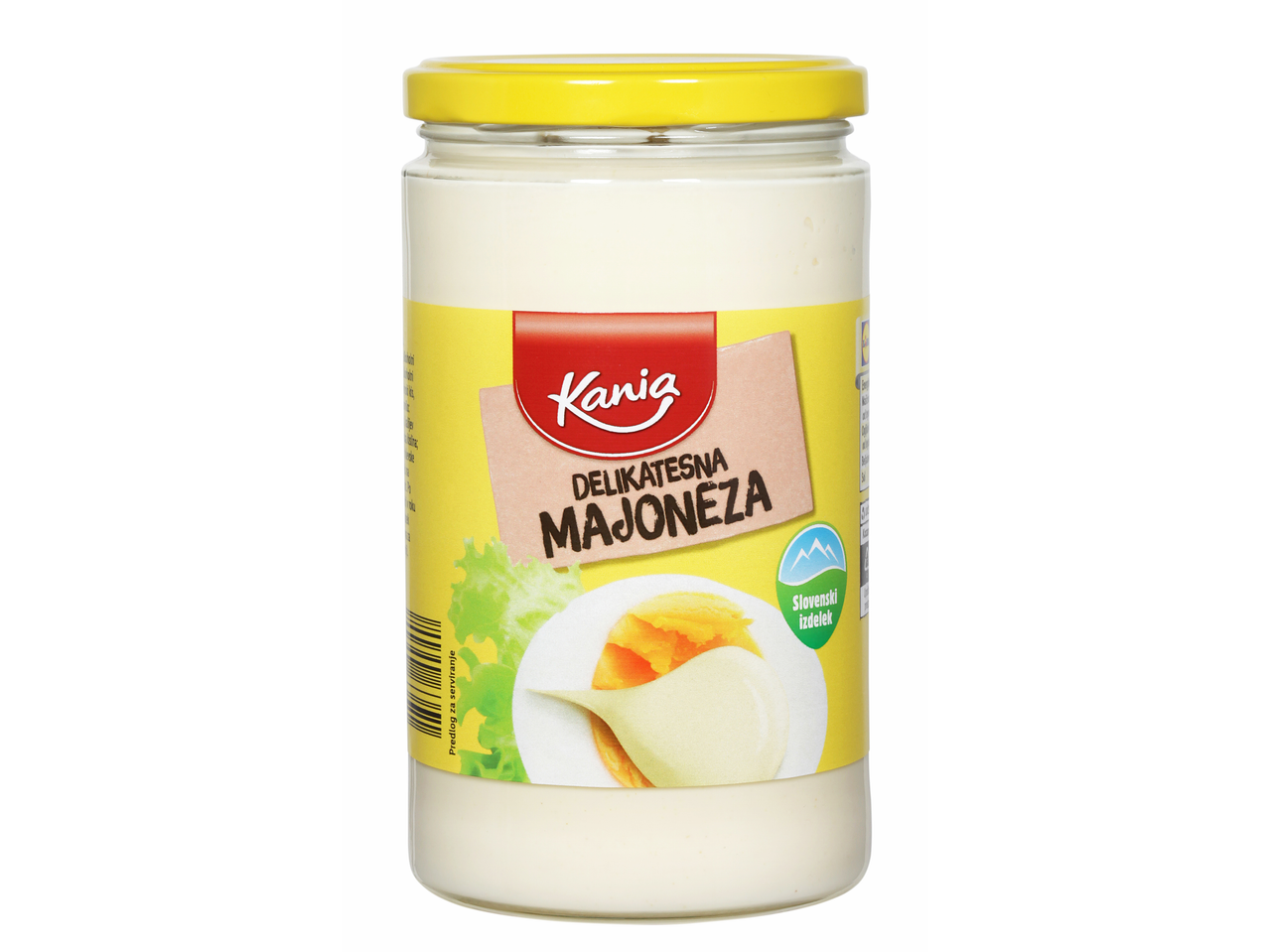 Kania Delikatesna Majoneza v kozarcu z rumenim pokrovom, slovenski izdelek.