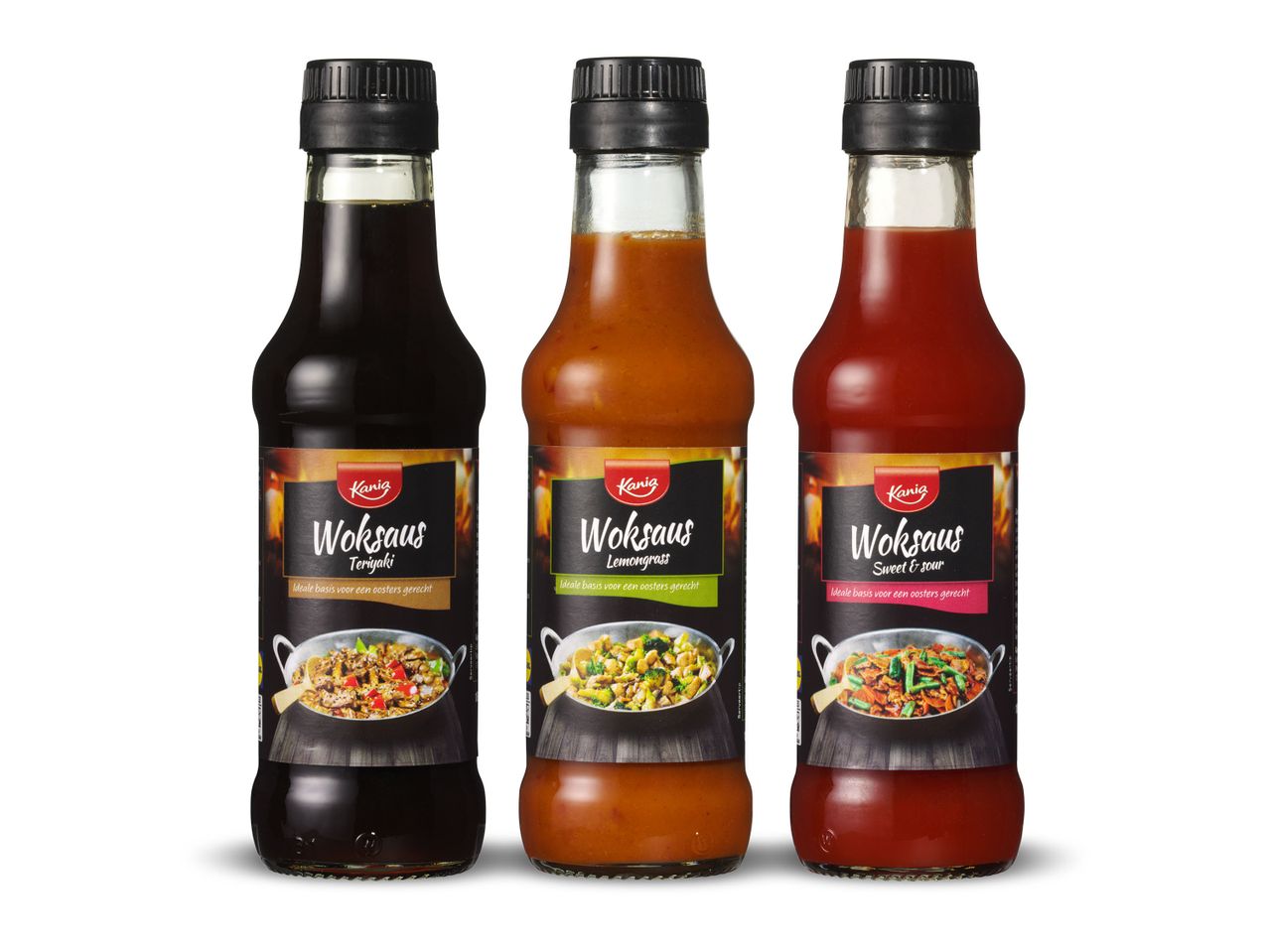 Drie Kanig woksauzen: Teriyaki, Lemongrass, Zoetzuur.