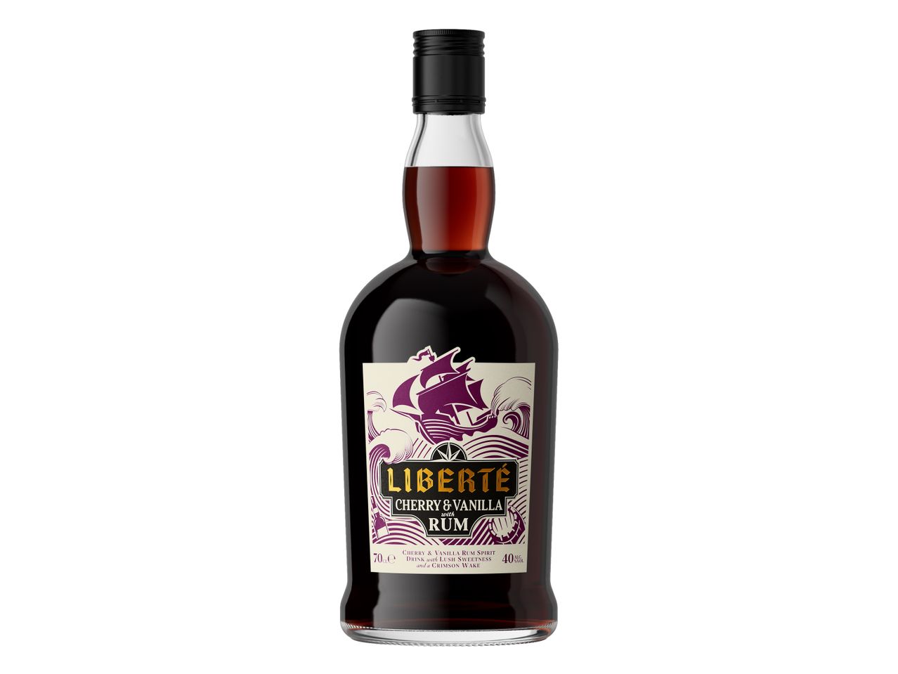 Liberté Cherry & Vanilla Rum bottle with a purple ship and waves on the label.