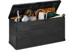 LIVARNO universal storage box with gardening tools, watering can, and hose.
