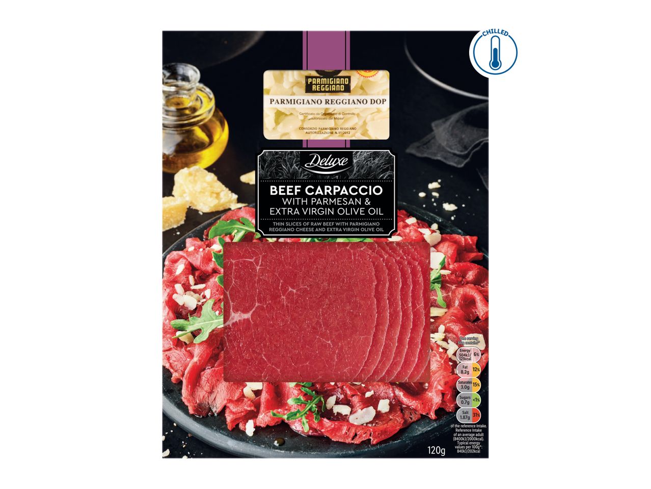 Beef carpaccio with Parmesan and olive oil, featuring Parmigiano Reggiano DOP.