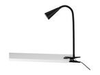 Black clip-on desk lamp attached to a white surface