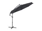 Dark grey cantilever patio umbrella with a cross base, angled for shade.