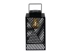 Black metal solar lantern with geometric pattern.