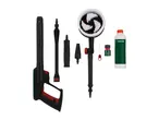 A collection of pressure washer accessories, including a spray gun, various nozzles, a rotating brush, and a bottle of cleaning solution.