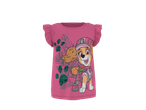 Top rosa de manga curta com um cão de desenho animado a usar capacete e design de pegadas.
