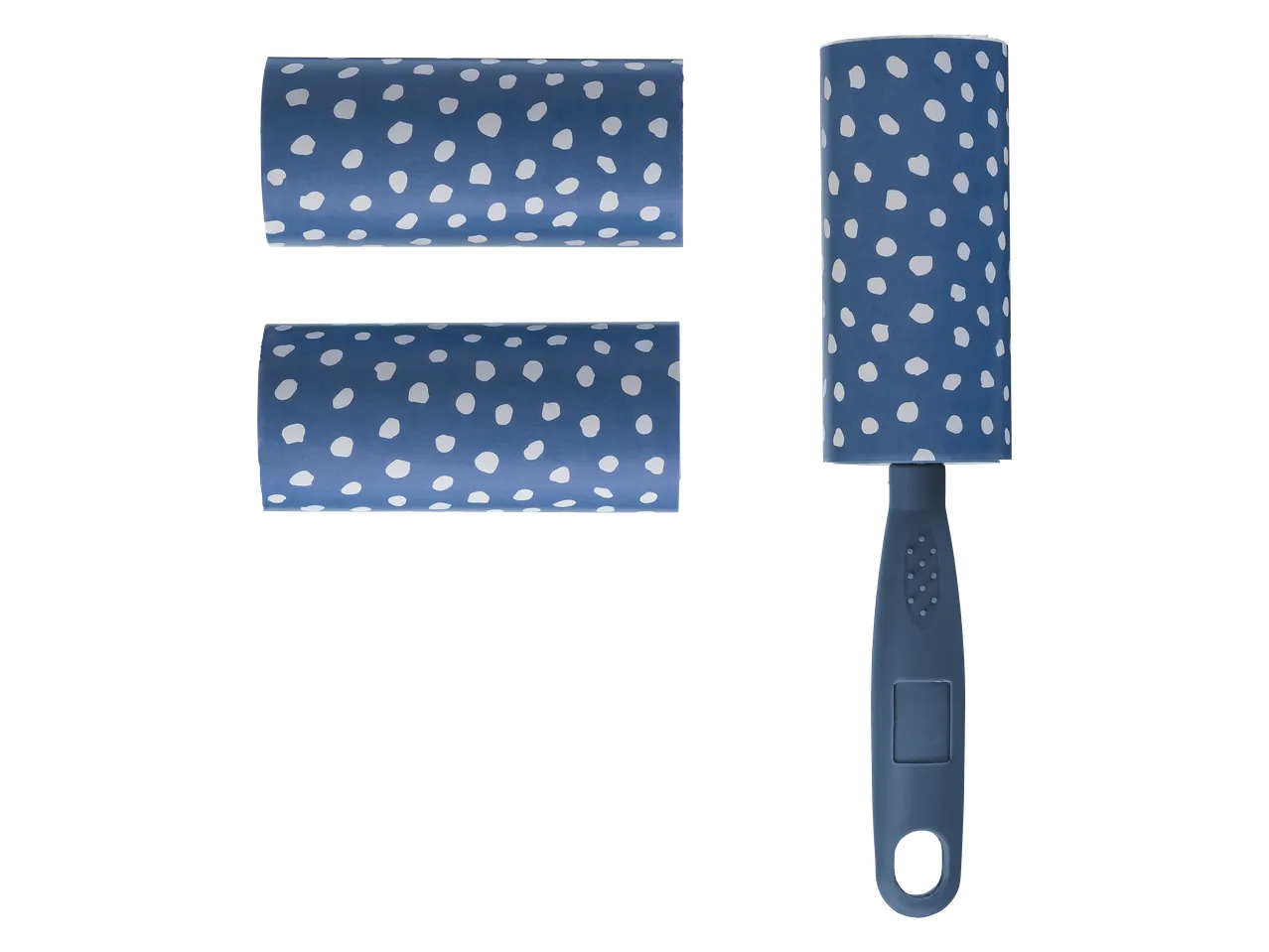 Rouleau anti-peluches bleu à pois blancs avec deux recharges.