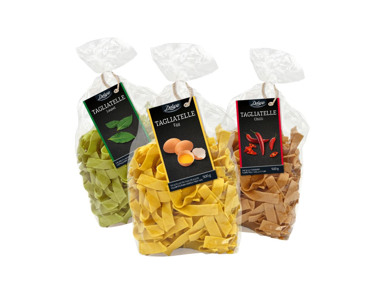 Tri pakovanja testenine Tagliatelle Deluxe: lovor, jaje i čili.