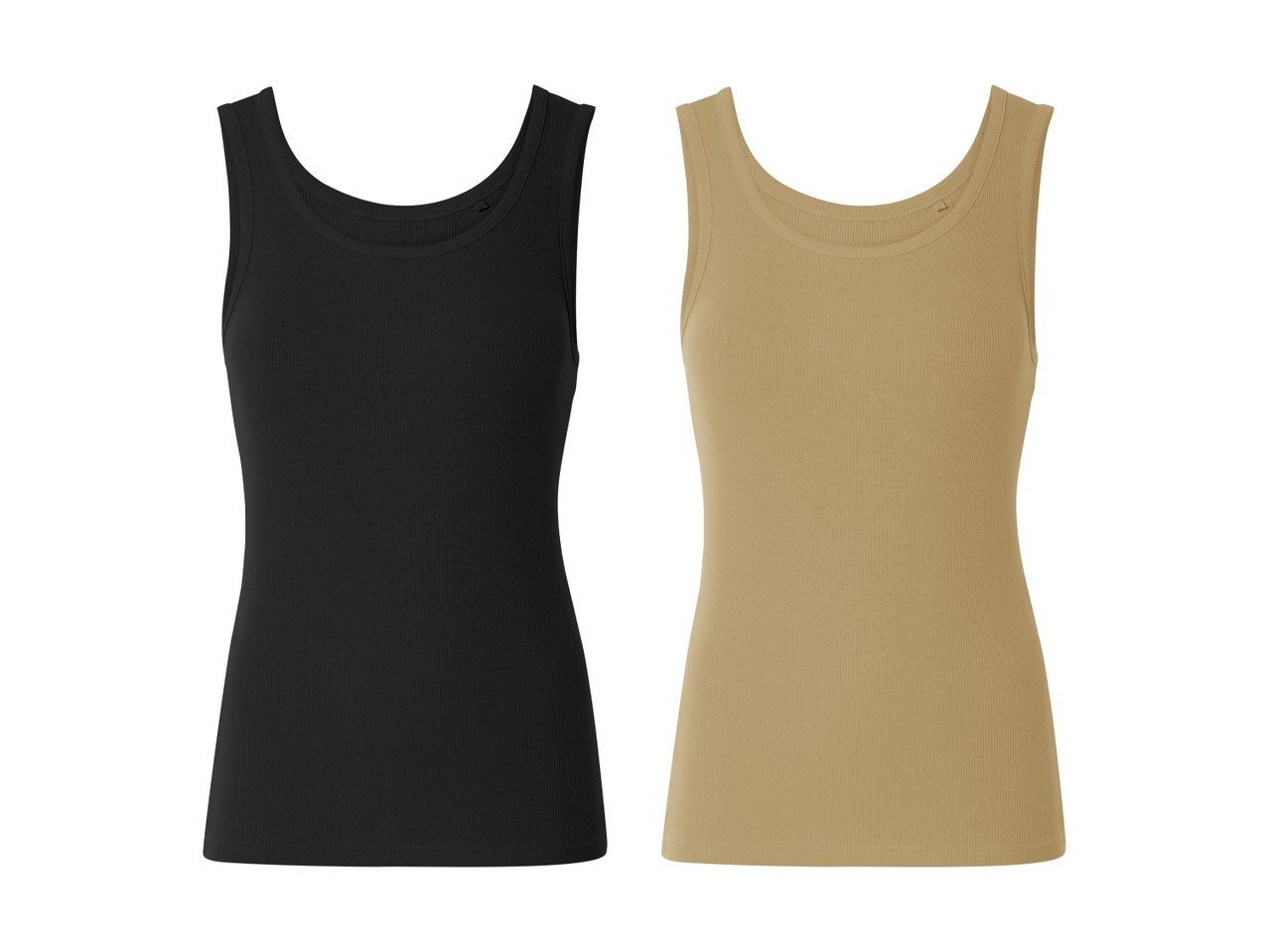 To rib-strik tanktops i sort og beige.