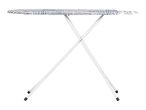 White folding ironing board with a blue and white striped cover