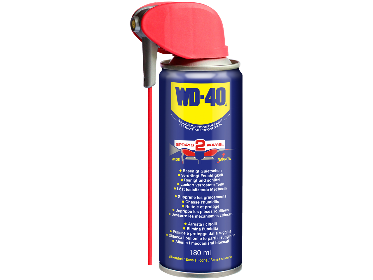 WD-40 Multifunktionsspray 180 ml mit 2-Wege-Sprühkopf.