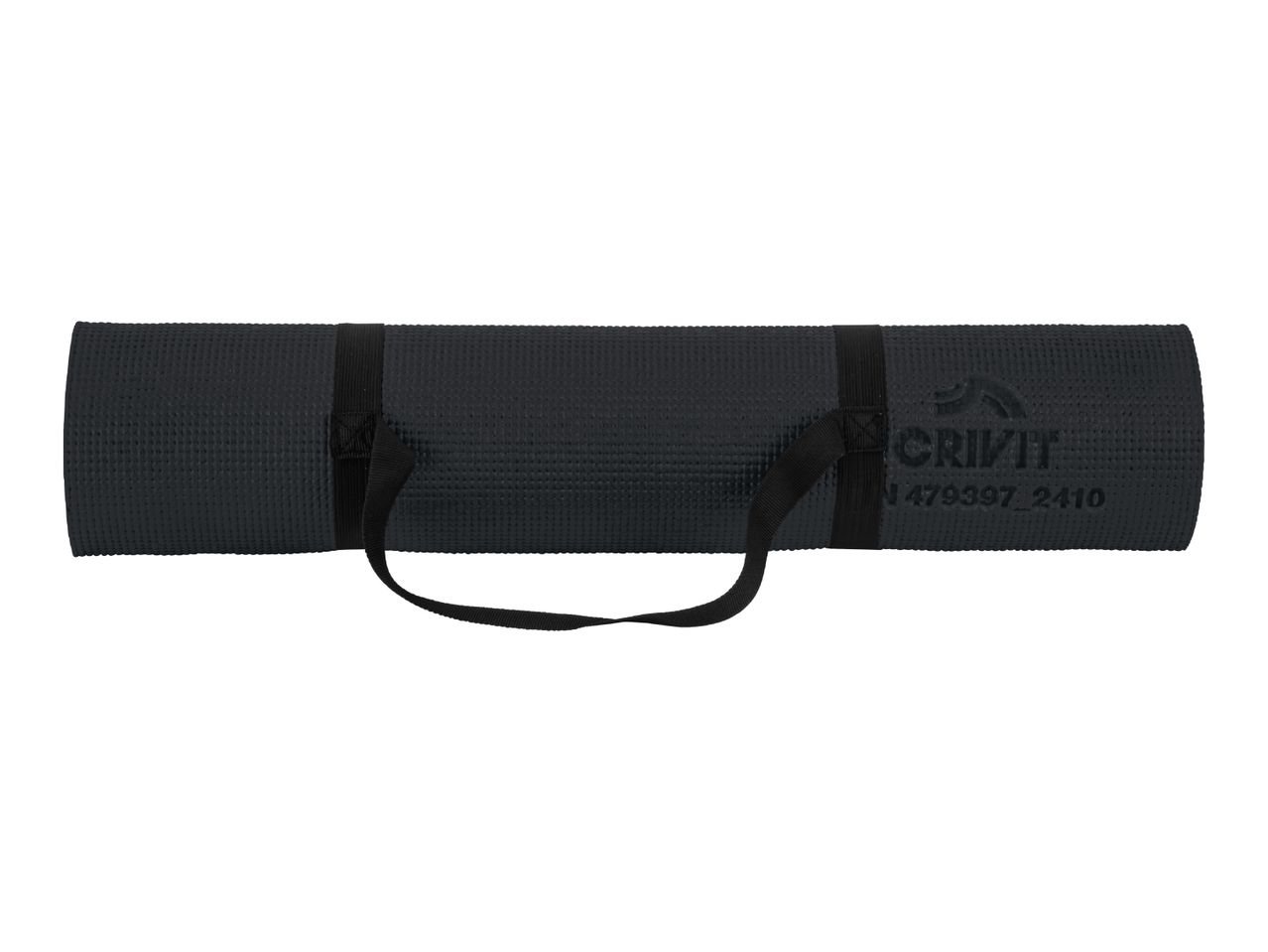 Rolled-up black exercise mat with textured surface and carrying straps