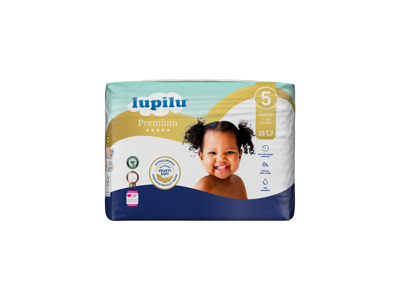 Lupilu Premium Nappies Size 5 packaging with a smiling baby.