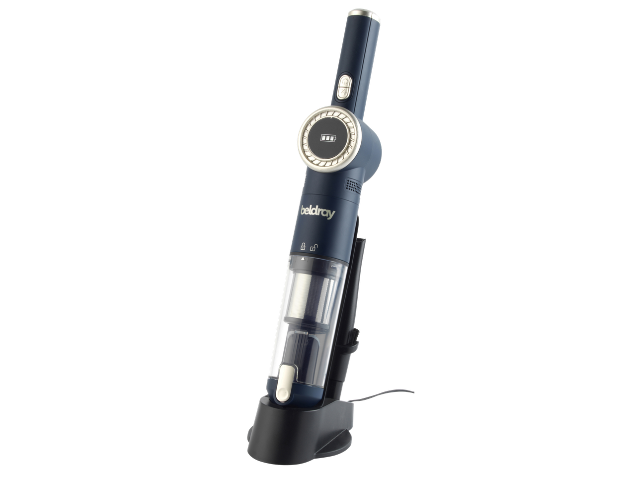 Cordless handheld vacuum cleaner in blue and silver, charging on a black base.