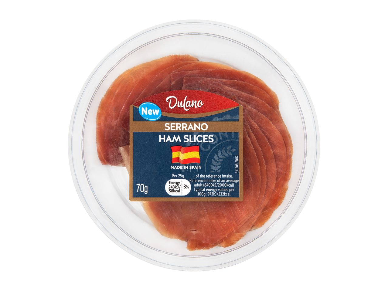 Serrano ham slices in a round plastic container, with a label indicating it's a new product, made in Spain, and nutritional information.