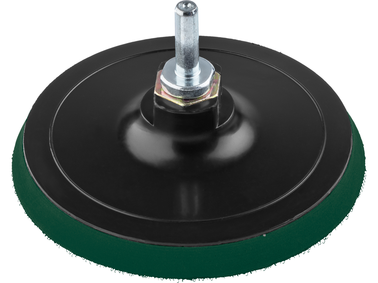 Black and green polishing pad with a metal shaft