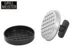 Burger press with a black base and a silver top, featuring a 'GRILL MEISTER' logo.