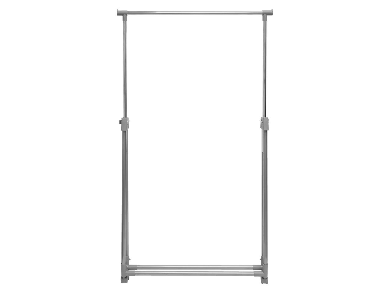 Cabideiro de metal prateado com duas barras.