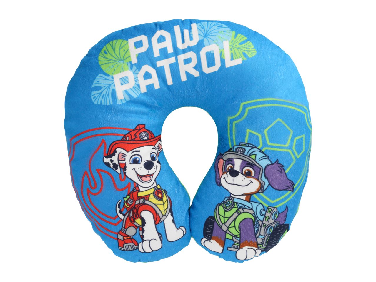 Blue U-shaped neck pillow with two cartoon dogs and the text 'PAW PATROL'.
