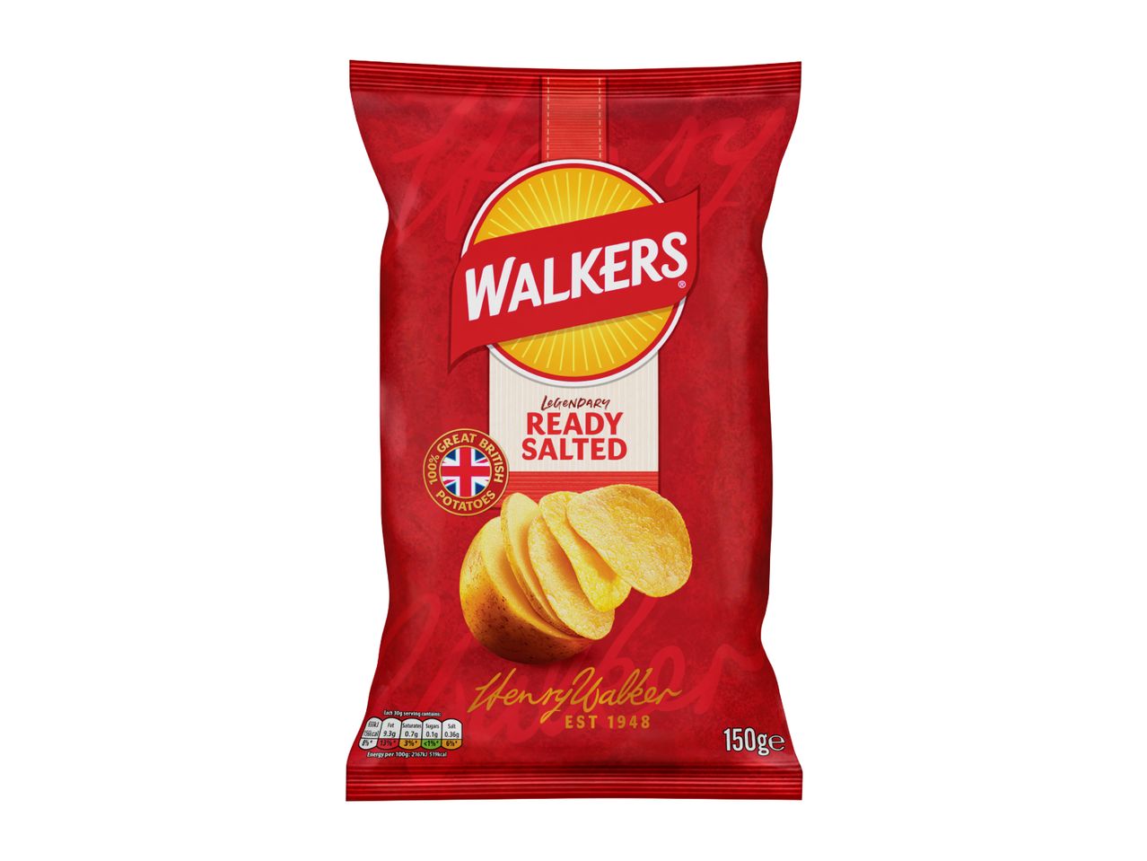 Red bag of ready salted potato crisps with a potato and crisps shown.