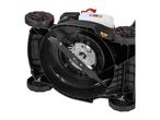 Underside view of a lawnmower showing the cutting blade, wheels, and fuel tank.