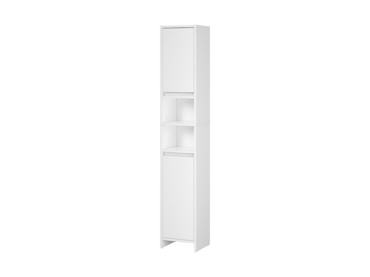 Tall white bathroom cabinet with two doors and open shelves