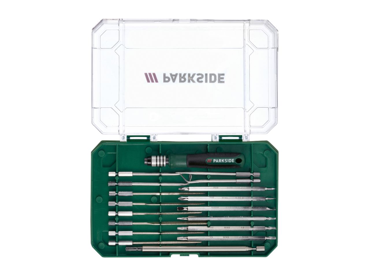 Precision screwdriver set with various bits and tools in a green and clear case.