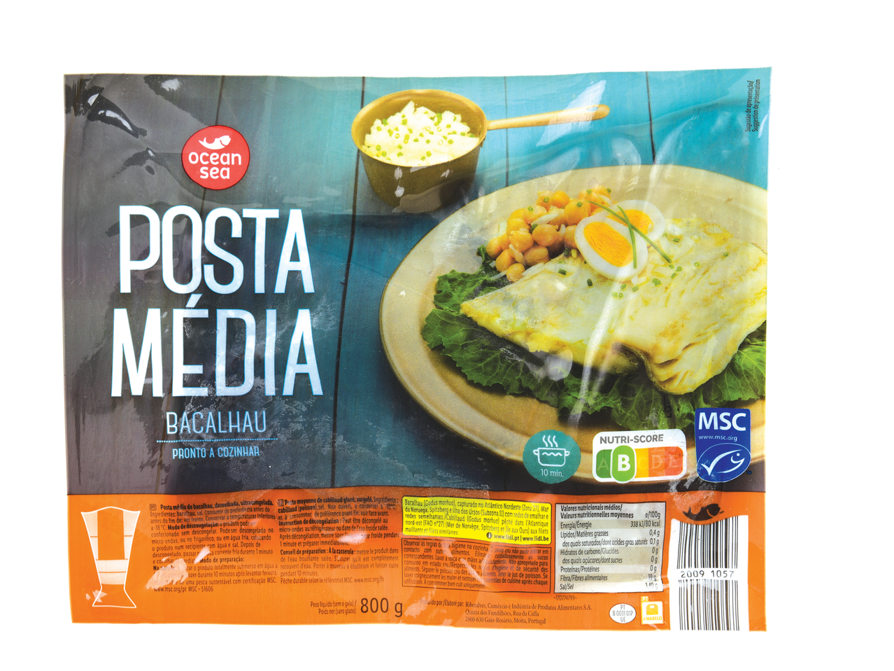 Embalagem de Bacalhau Posta Média Três Velas, pronto a cozinhar, 800g.