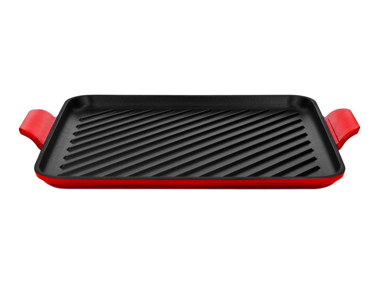 Red cast iron grill pan with a black ridged cooking surface and two handles.
