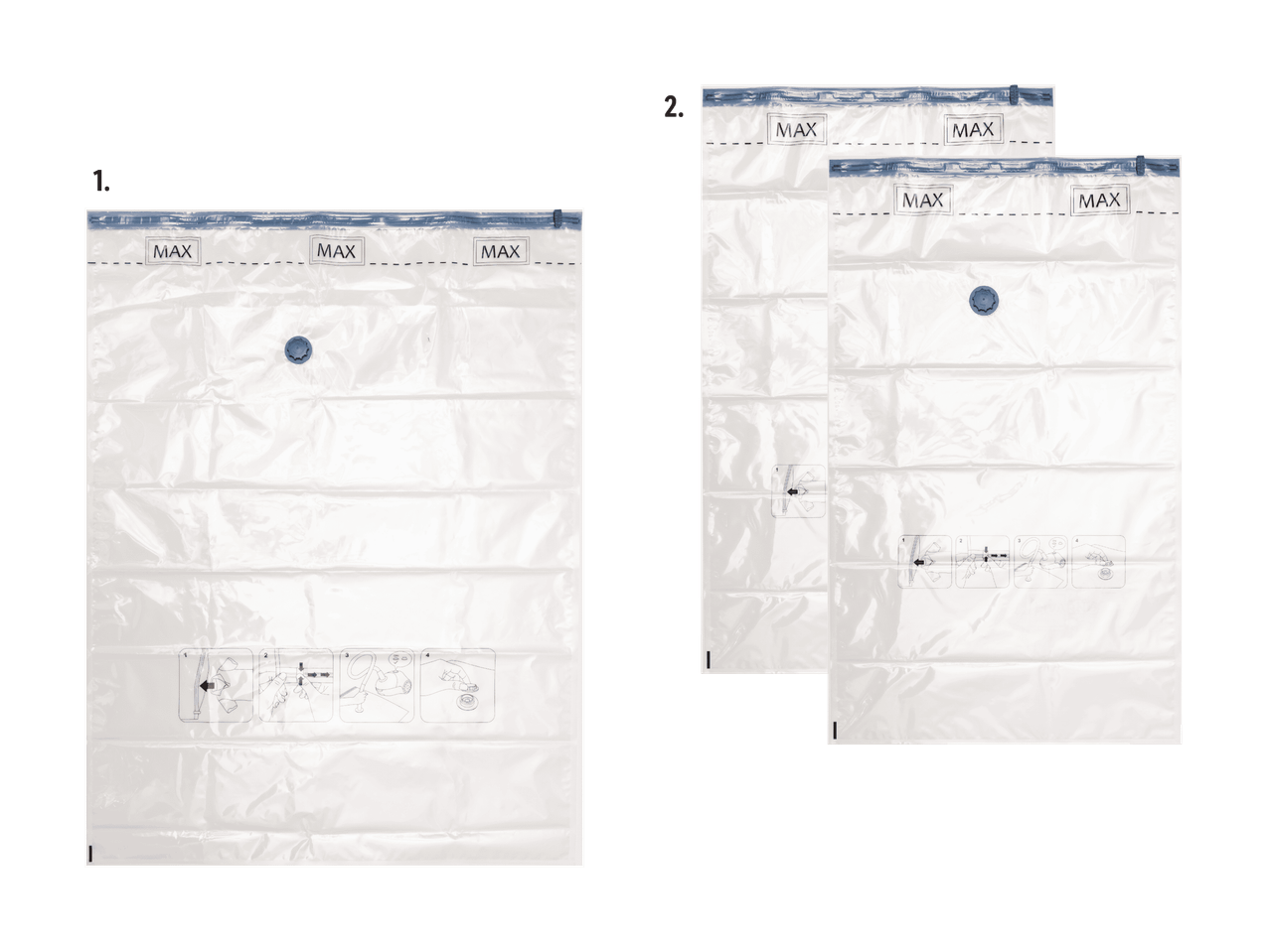 Deux sacs sous vide transparents avec des marquages 'MAX' et des instructions d'utilisation.