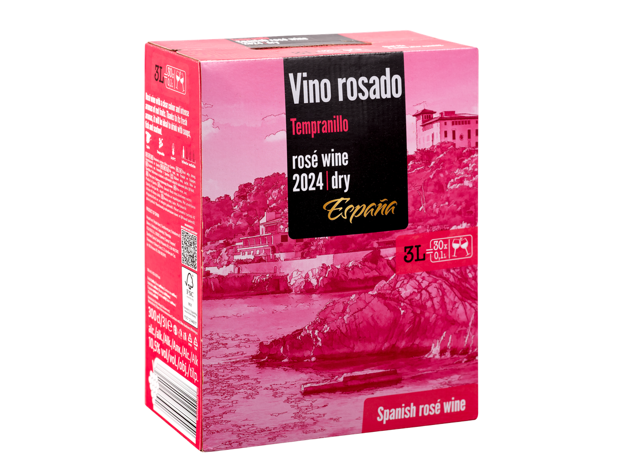 Cutie de vin rosé spaniol, 3L, cu etichetă „Vino rosado Tempranillo”.