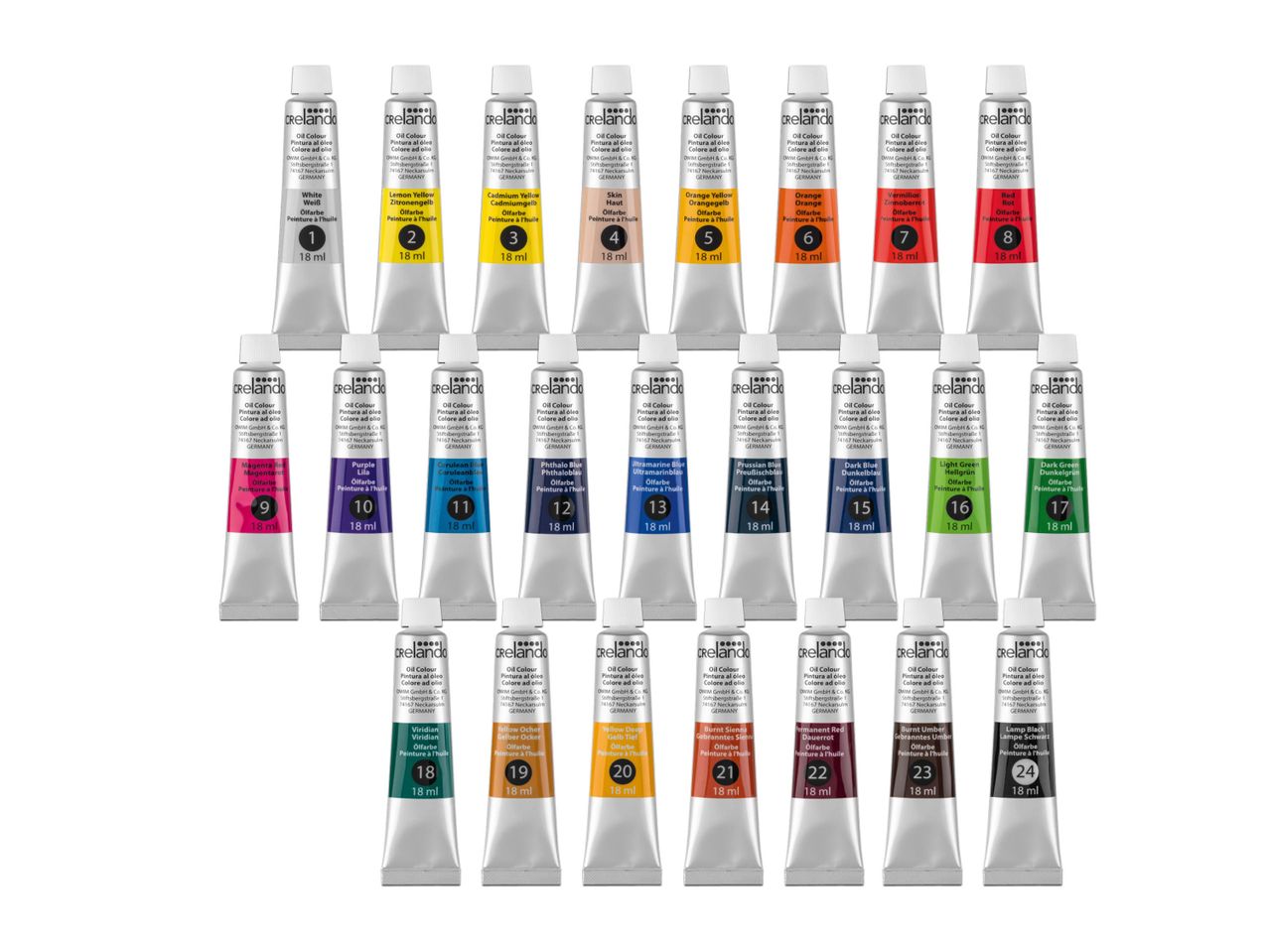24 Tuben Ölfarbe in verschiedenen Farben, jeweils 18 ml, auf weißem Hintergrund.