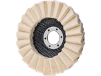 A circular polishing wheel with cream-colored felt flaps and a metal center.
