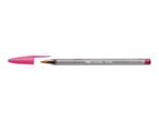 A pink BIC Cristal ballpoint pen with its cap removed.