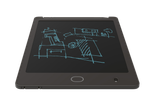 A dark gray LCD writing tablet displays a child's architectural sketch.