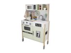 A modern wooden play kitchen with a microwave, oven, sink, and various accessories.