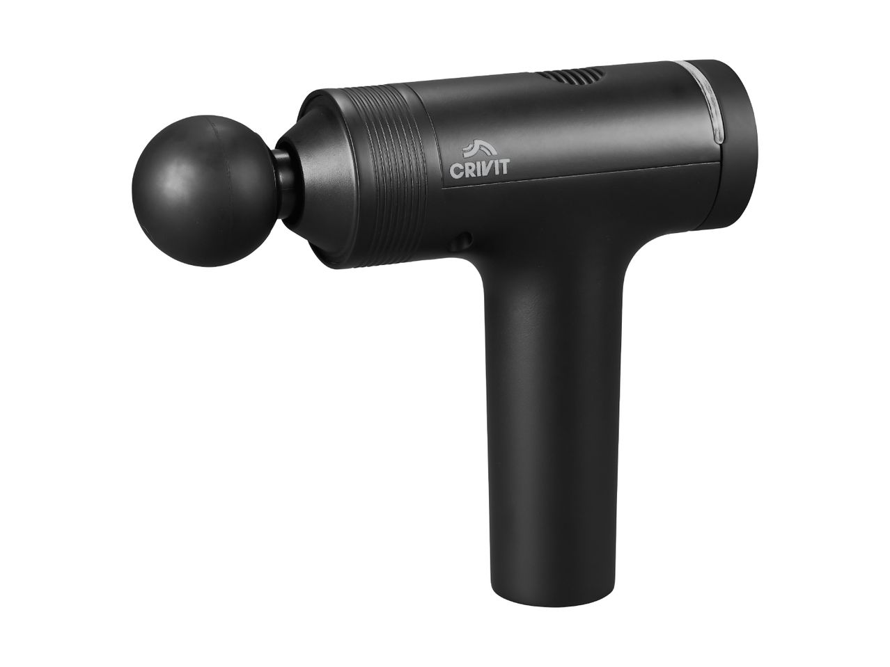 Black Crivit massage gun with a spherical attachment on a white background.