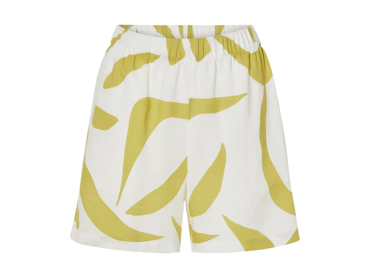 Gul-og-hvide løse shorts med abstrakt print.