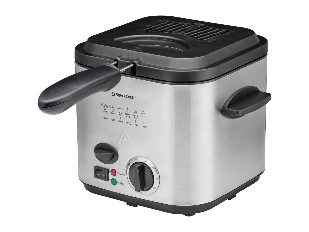 SilverCrest deep fryer with stainless steel housing, black lid, and control panel.