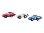 Three wooden toy race cars: red with number 26, white with number 4, and blue with number 12.
