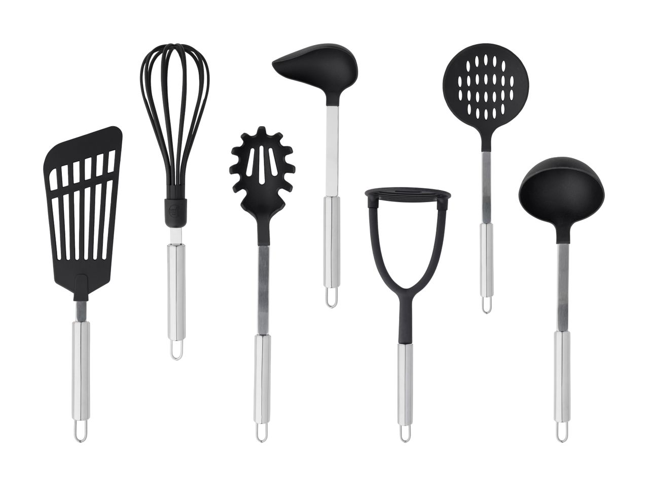 Sei utensili da cucina neri con manici argentati