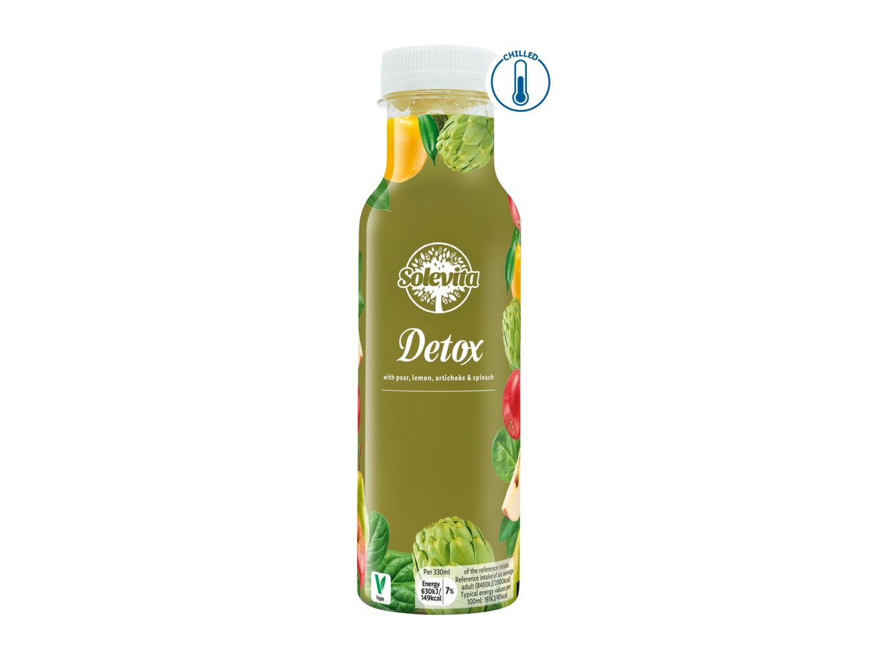 Solevita Detox juice with pear, lemon, artichoke, and spinach, labeled as chilled and vegan.