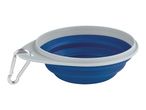 A blue and gray collapsible silicone pet bowl with a carabiner clip.